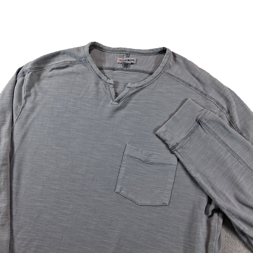 32 Bar Blues Henley Shirt Mens Large Gray Long Sleeve Slub Pocket Notch Neck